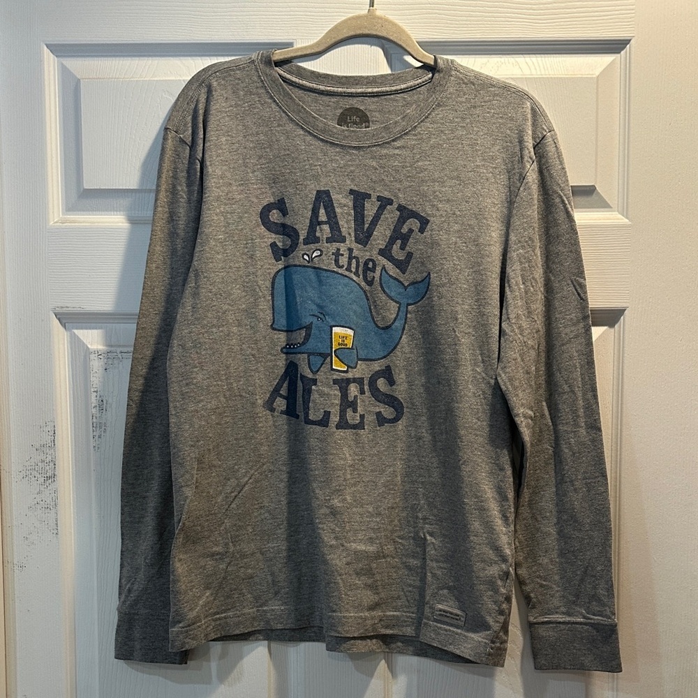 Life is Good Save The Ales Whale Gray Crusher Long Sleeve Tee Shirt M